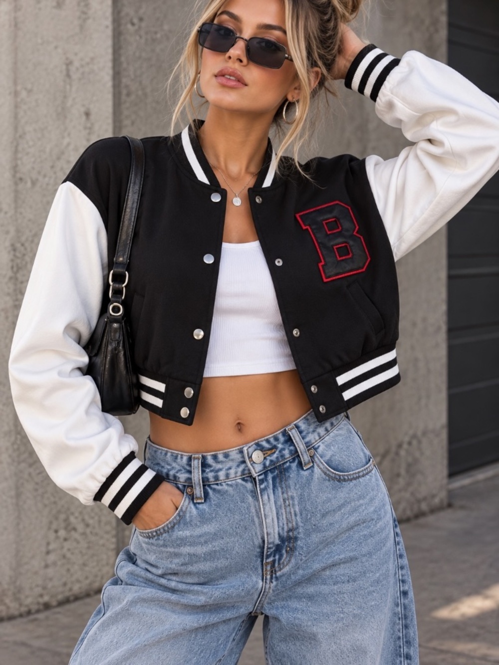 Forever 21 Cropped Jacket Womens Size XS Black White Varsity Babygirl